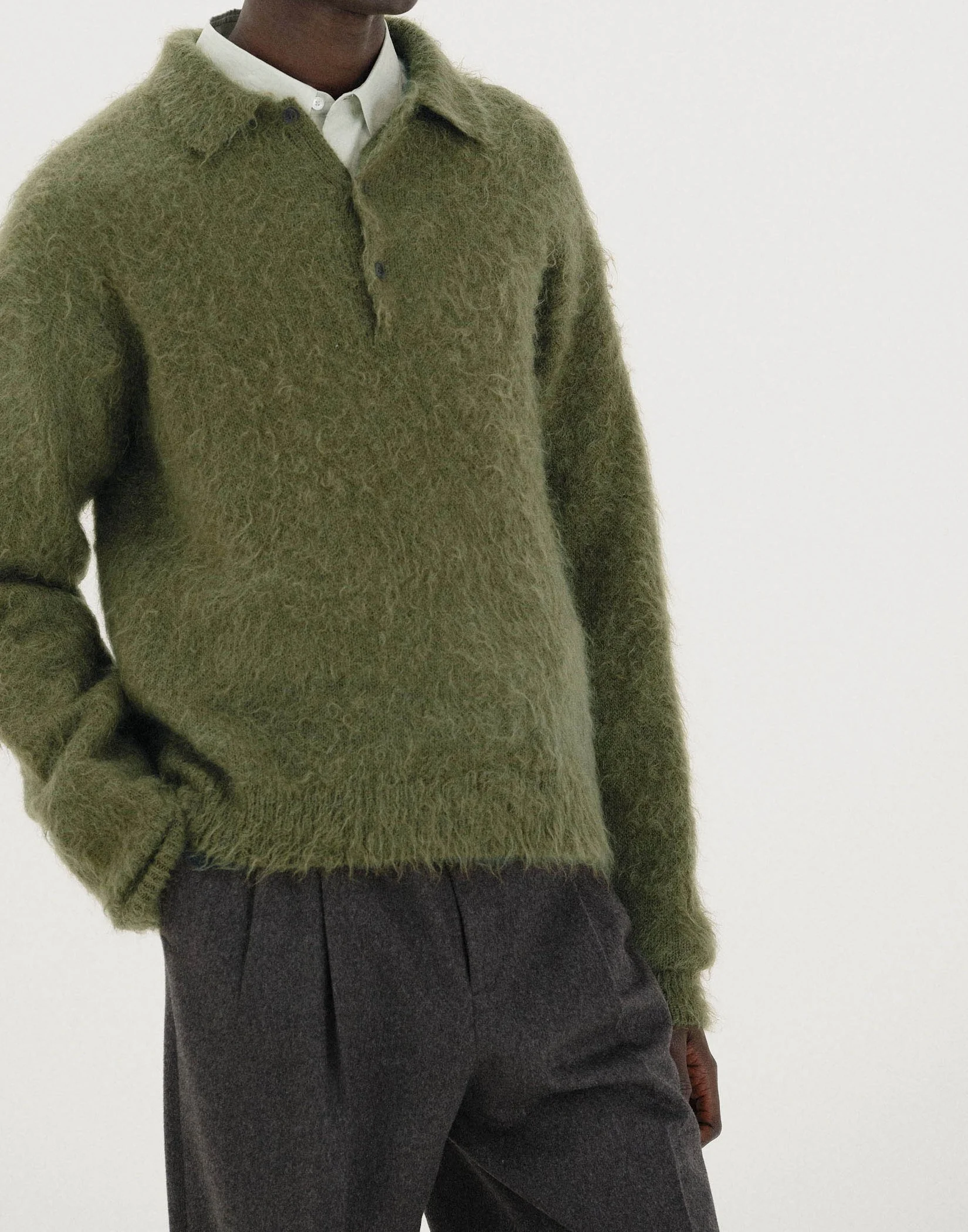 Auralee - KID MOHAIR SHEER KNIT POLO (LIME YELLOW) — EQUIPMENT